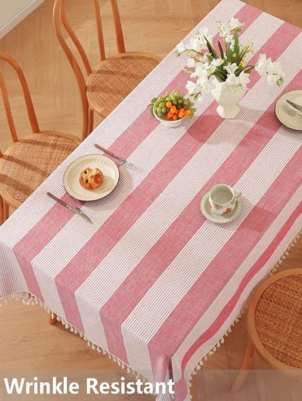 NWT 55"x86" Farmhouse Cotton Blend Stripe Tablecloth With Tassels Red/Cream